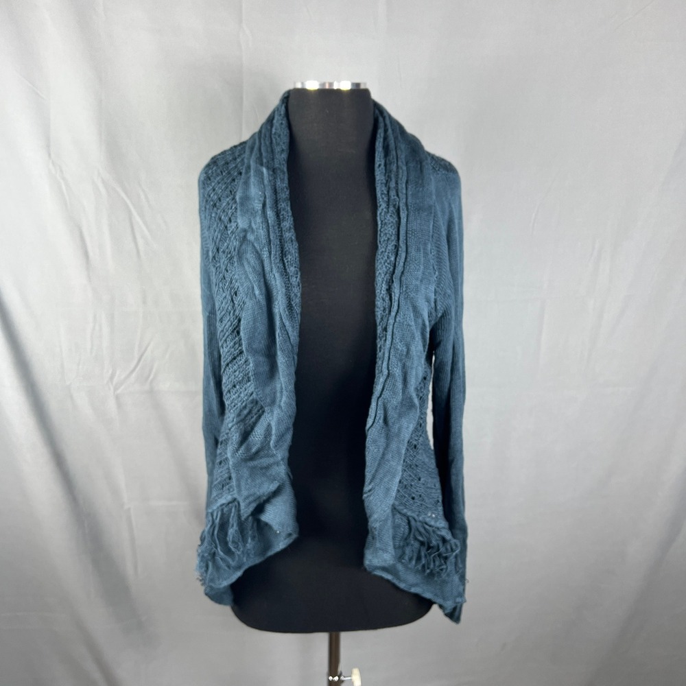 John Paul Richard Cardigan Sweater Women XL Blue Knit Open Front Fringe Hem Boho